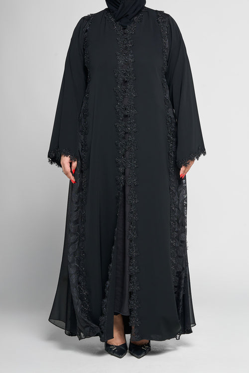 Black Floral Lace-Trim Abaya with Embellished Front Panels