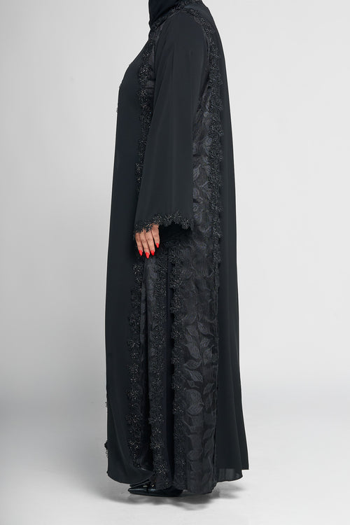 Black Floral Lace-Trim Abaya with Embellished Front Panels – hover image
