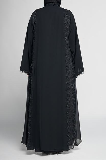Black Floral Lace-Trim Abaya with Embellished Front Panels