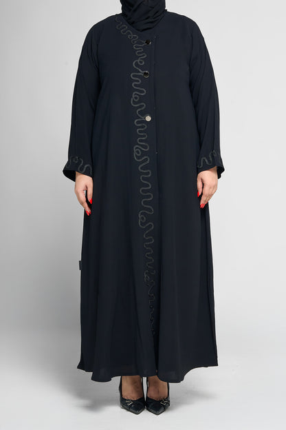 Black Wave-Embroidered Button-Front Abaya with Matching Cuff Detail