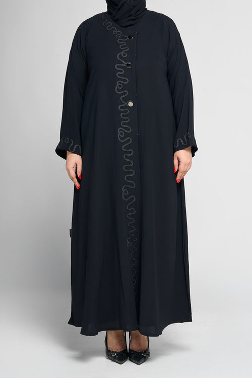 Black Wave-Embroidered Button-Front Abaya with Matching Cuff Detail
