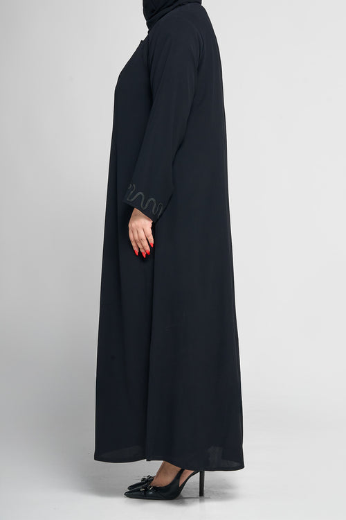 Black Wave-Embroidered Button-Front Abaya with Matching Cuff Detail – hover image