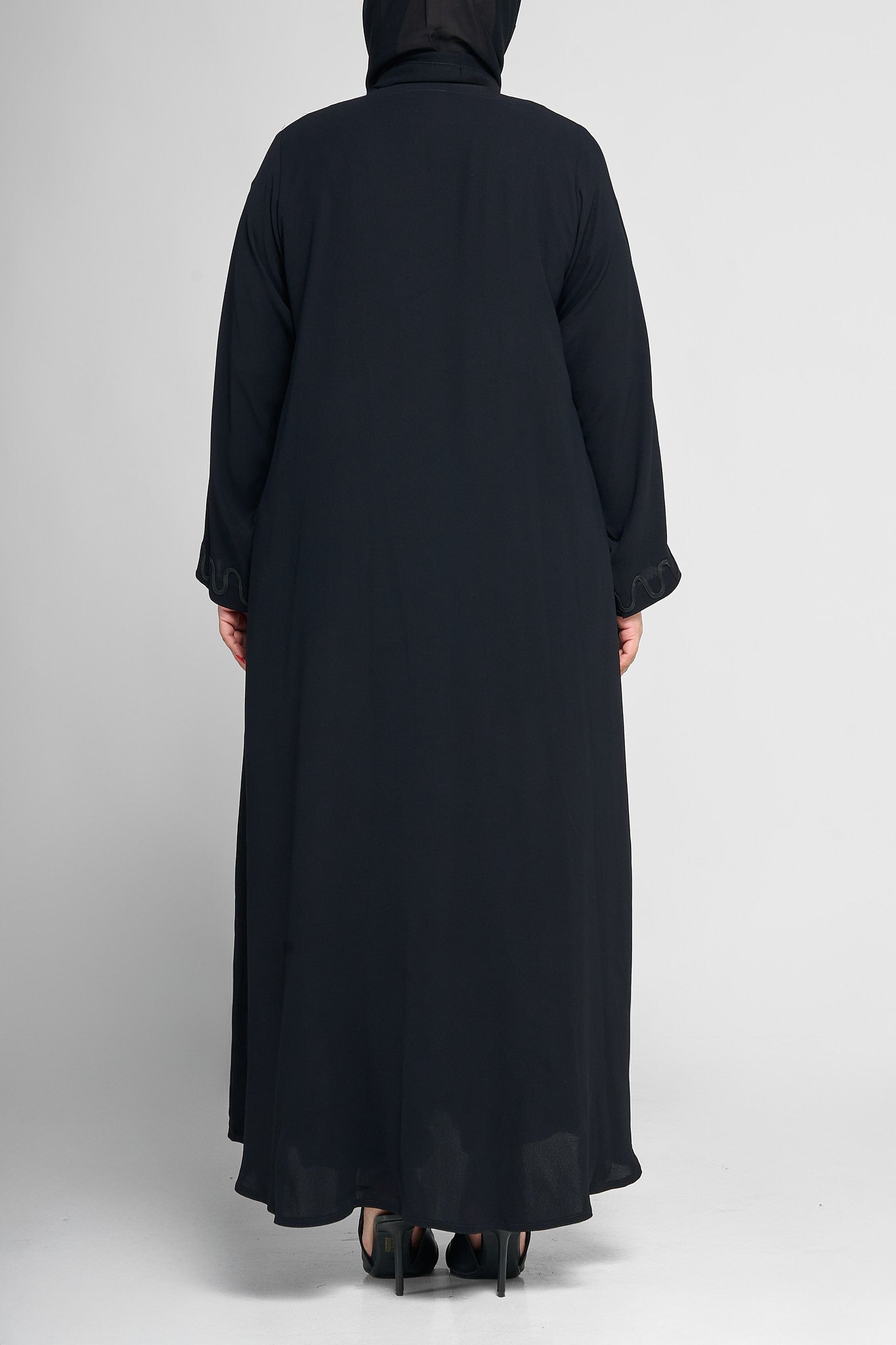 Black Wave-Embroidered Button-Front Abaya with Matching Cuff Detail