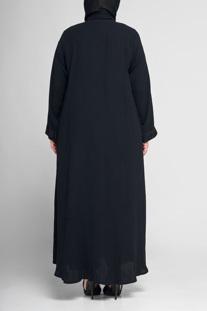 Black Wave-Embroidered Button-Front Abaya with Matching Cuff Detail