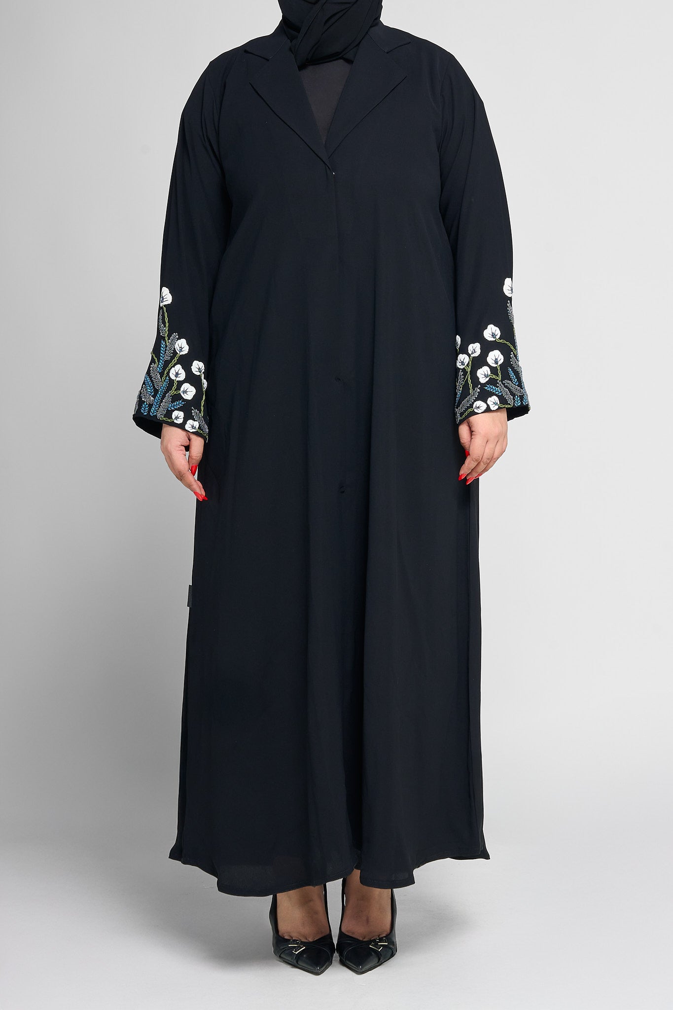Black Floral Embroidered Sleeve Abaya with Tailored Lapel Detail
