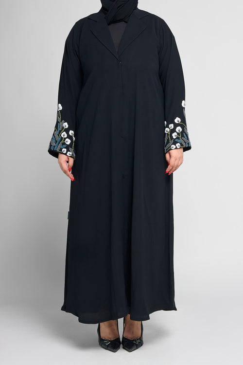 Black Floral Embroidered Sleeve Abaya with Tailored Lapel Detail