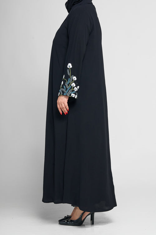 Black Floral Embroidered Sleeve Abaya with Tailored Lapel Detail – hover image