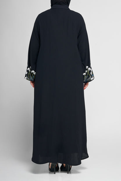 Black Floral Embroidered Sleeve Abaya with Tailored Lapel Detail
