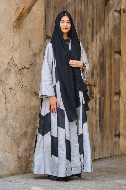 Geometric Panel Abaya in Silver Taffeta with Black Structured Accents