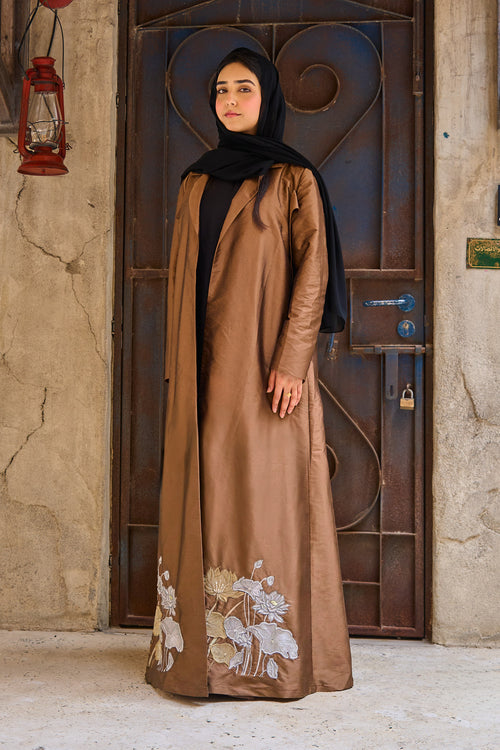 Bronze Taffeta Abaya with Hand-Embroidered Lotus Garden Hem