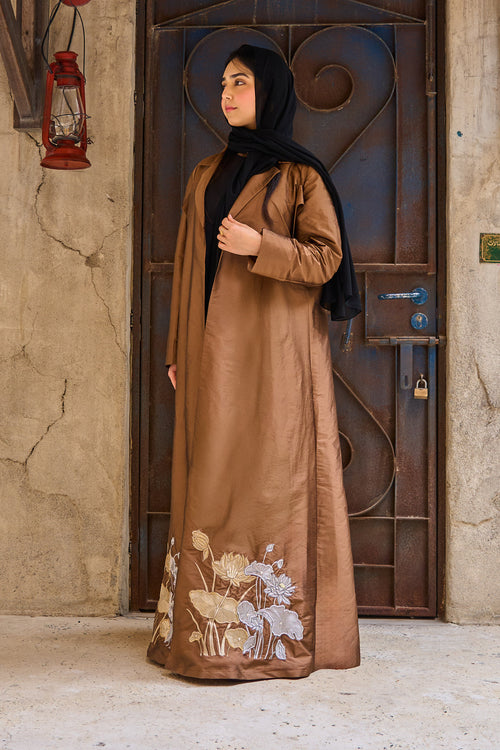 Bronze Taffeta Abaya with Hand-Embroidered Lotus Garden Hem – hover image