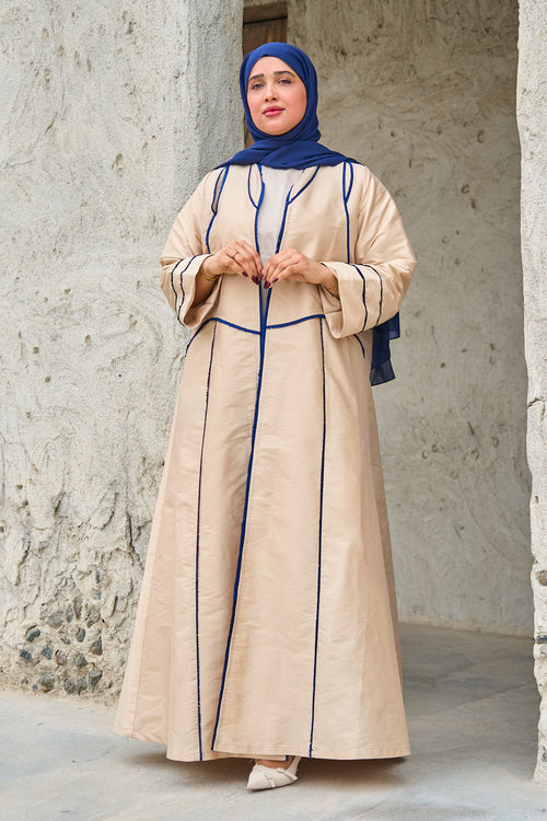 Beige Taffeta Abaya with Sculpted Royal-Blue Panel Piping