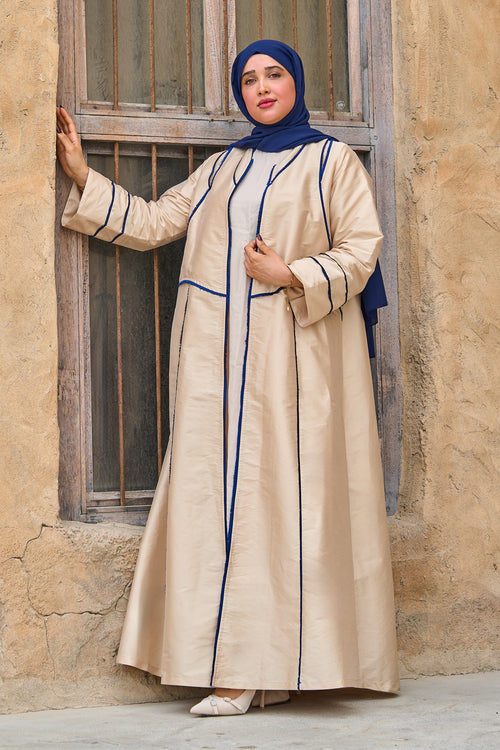 Beige Taffeta Abaya with Sculpted Royal-Blue Panel Piping – hover image
