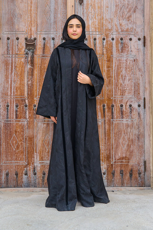 Black Textured Jacquard Abaya with Subtle Leaf Pattern & Flowing Silhouette