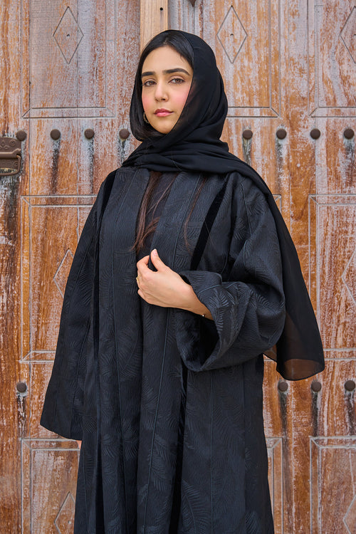Black Textured Jacquard Abaya with Subtle Leaf Pattern & Flowing Silhouette – hover image