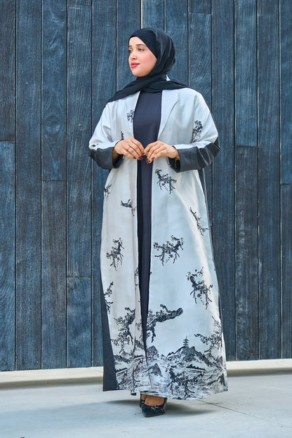 Premium Illustration Open Abaya with Nature-Inspired Print