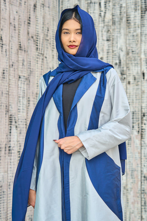 Two-Tone Sapphire Wave Abaya in Textured Taffeta with Sculpted Panel Design – hover image