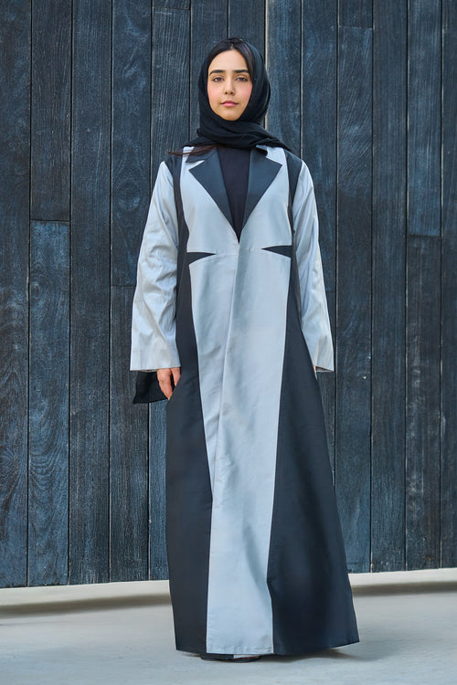 Monochrome Tuxedo-Panel Abaya in Structured Taffeta