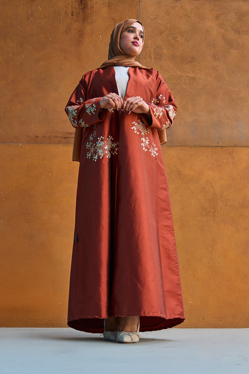 Embroidered Copper Taffeta Abaya with Mosaic Floral Detailing – hover image