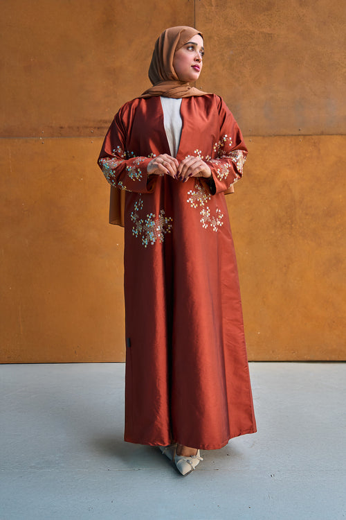 Embroidered Copper Taffeta Abaya with Mosaic Floral Detailing