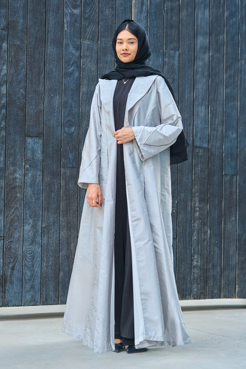 Silver Taffeta Abaya with Sculpted Seam Detailing