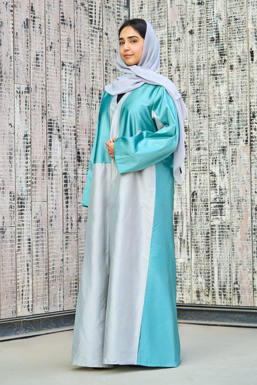 Two-Tone Satin Abaya with Contrasting Panel Design in Mint & Silver
