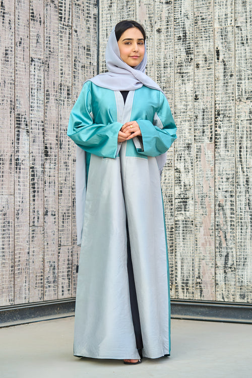 Two-Tone Satin Abaya with Contrasting Panel Design in Mint & Silver – hover image