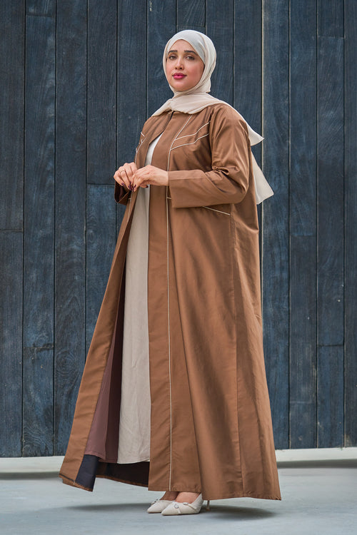Contrast-Piped Cocoa Abaya with Structured Tailored Finish