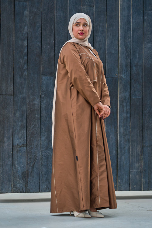 Contrast-Piped Cocoa Abaya with Structured Tailored Finish – hover image