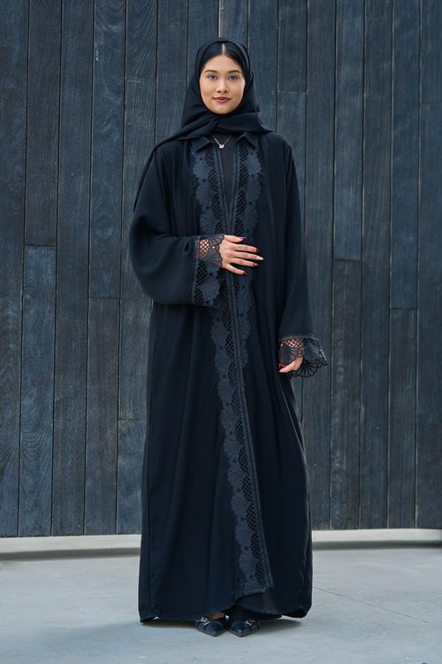 Black Abaya with Intricate Lace Paneling and Scalloped Embroidered Details