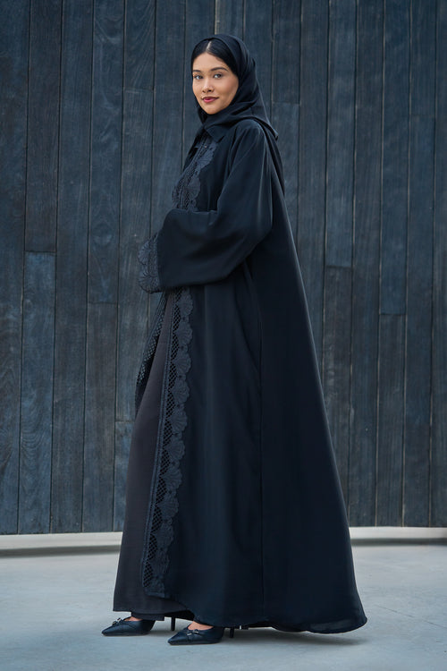 Black Abaya with Intricate Lace Paneling and Scalloped Embroidered Details – hover image