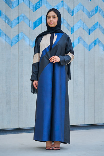 Modern Abstract Colorblock Abaya in Navy, Black & Sand