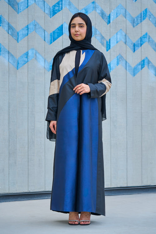 Modern Abstract Colorblock Abaya in Navy, Black & Sand