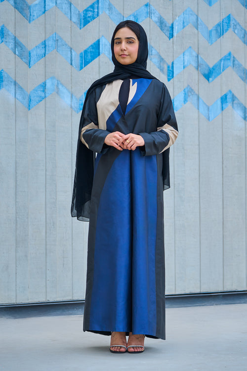 Modern Abstract Colorblock Abaya in Navy, Black & Sand – hover image