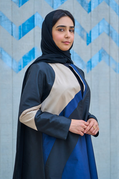 Modern Abstract Colorblock Abaya in Navy, Black & Sand