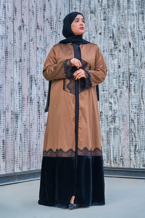 Mocha Taffeta Abaya with Black Lace Accents and Velvet Hem