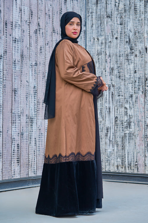Mocha Taffeta Abaya with Black Lace Accents and Velvet Hem – hover image