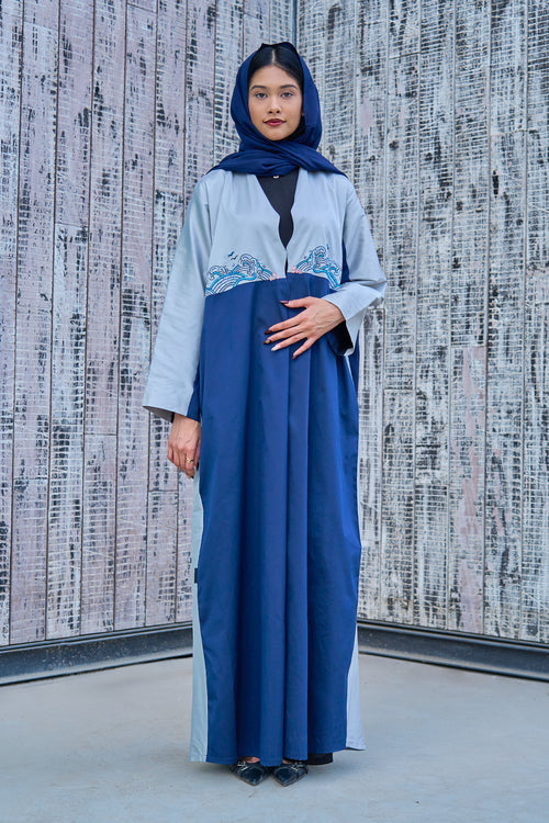 Blue Wave-Inspired Embroidered Abaya in Dual-Tone Panels