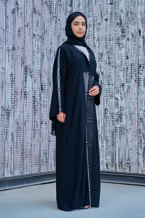 Black Abaya with Geometric Embroidered Panels