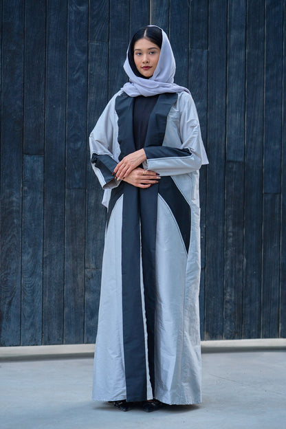 Two-Tone Structured Panel Abaya in Silver with Charcoal Geometric Inlays