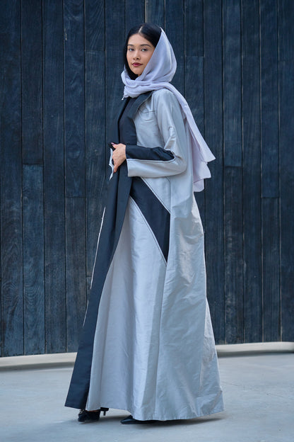 Two-Tone Structured Panel Abaya in Silver with Charcoal Geometric Inlays