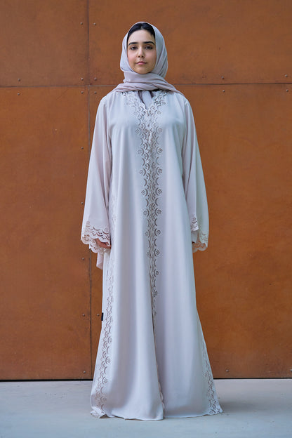Elegant Nude Abaya with Intricate Laser-Cut Scalloped Panels