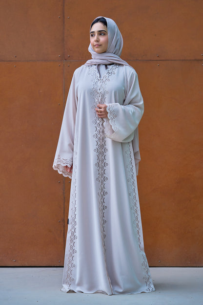 Elegant Nude Abaya with Intricate Laser-Cut Scalloped Panels
