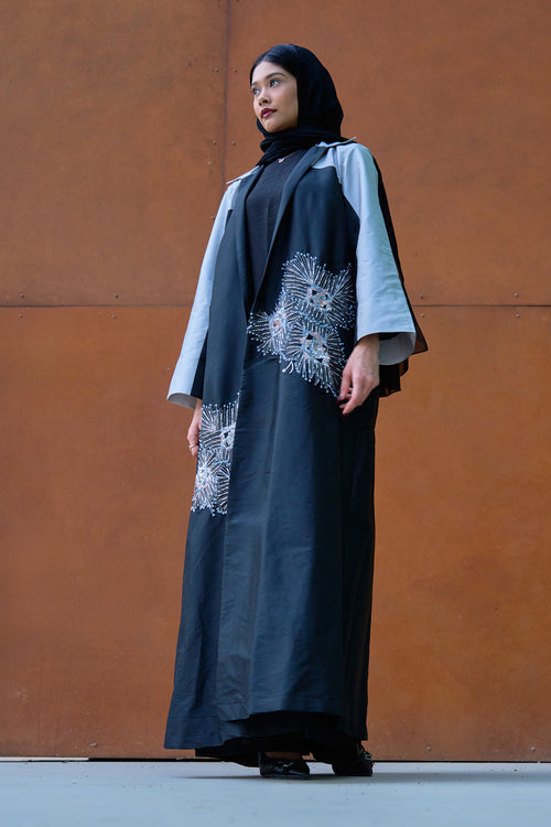 Two-Tone Abaya with Hand-Embellished Radiant Burst Motifs