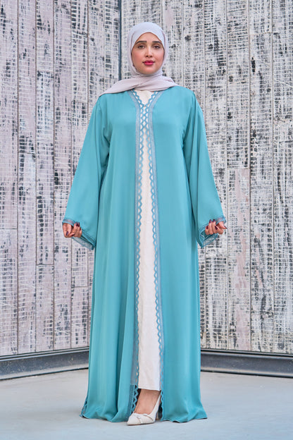 Aqua Blue Open Abaya with Delicate Scalloped Lace Trim