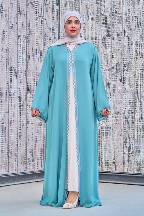 Aqua Blue Open Abaya with Delicate Scalloped Lace Trim