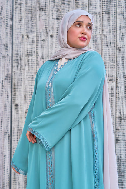 Aqua Blue Open Abaya with Delicate Scalloped Lace Trim