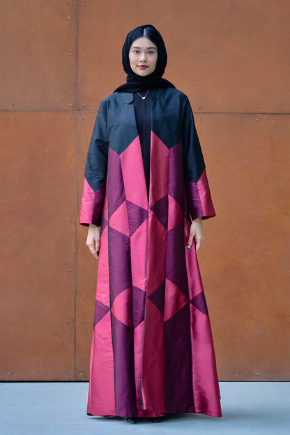Geometric Color-Block Abaya in Crimson, Berry & Black Taffeta