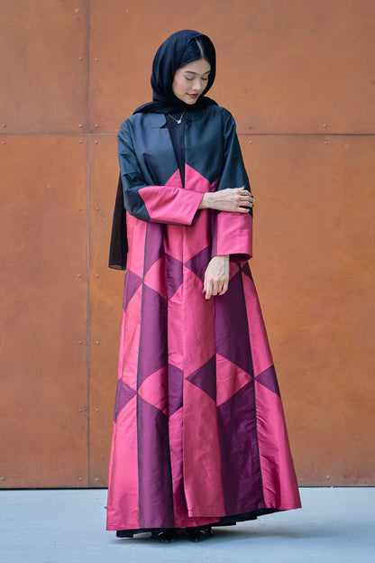 Geometric Color-Block Abaya in Crimson, Berry & Black Taffeta