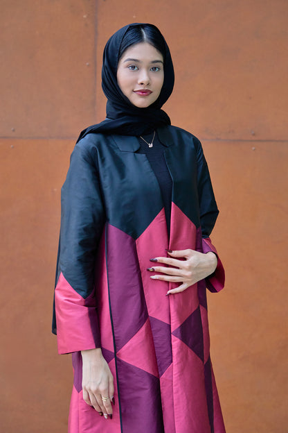 Geometric Color-Block Abaya in Crimson, Berry & Black Taffeta